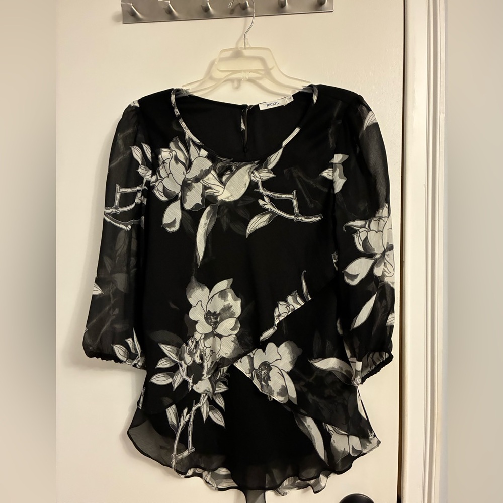 Tahari Black and White Floral Blouse